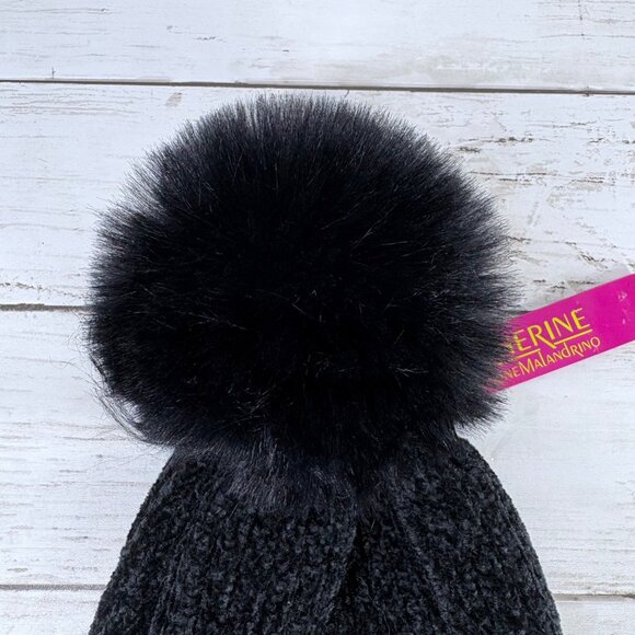 Catherine Malandrino Black Knit Beanie With Faux Fur Pom-Pom O/S NWT - Picture 4 of 7